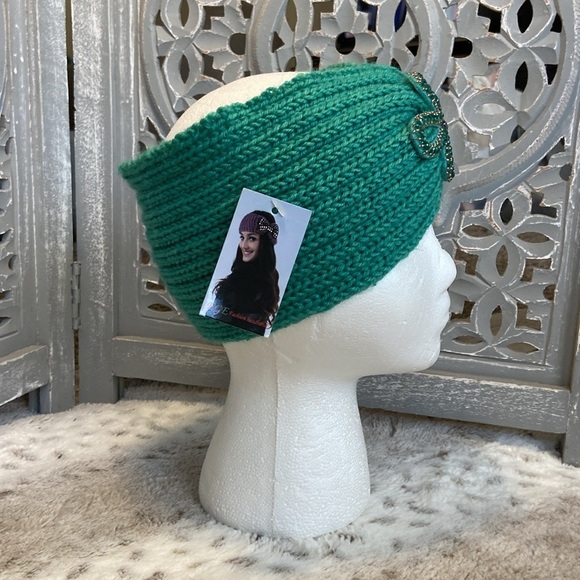 NWT! Green knit headband OS bling beaded rhinestones romantic quiet luxury fall - Picture 5 of 10